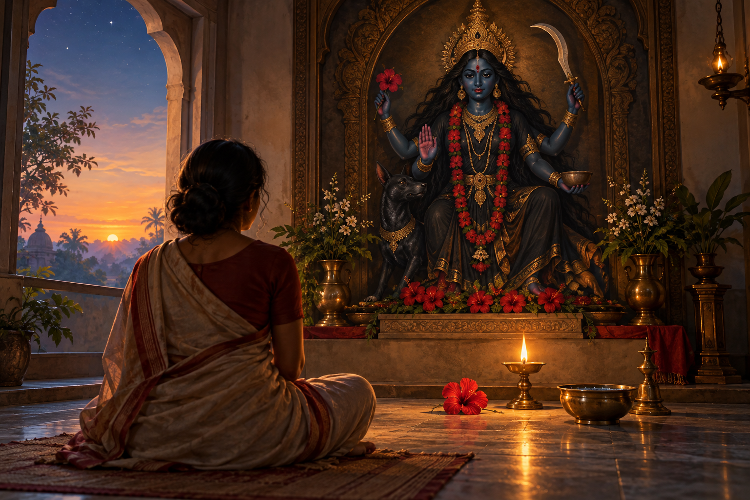 A devotee sits before a lamp-lit image of four-armed Kali with a red hibiscus and a bowl of water placed on the shrine floor.