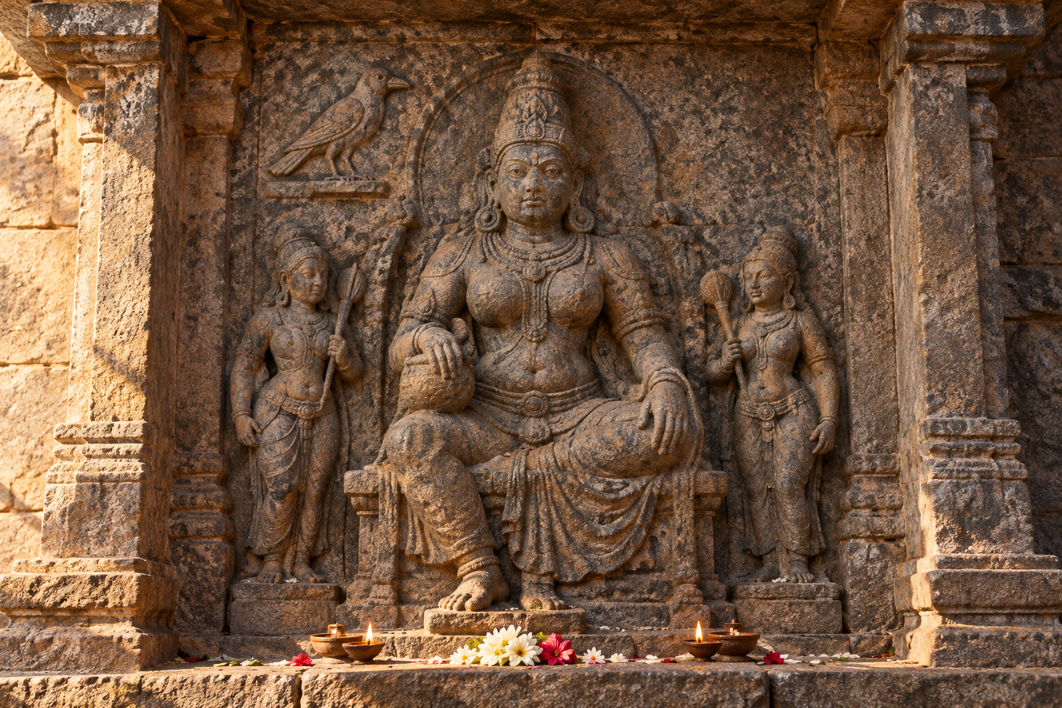 Weathered granite relief of the seated goddess Thavvai or Jyeshta with two attendant figures in an early South Indian temple niche.