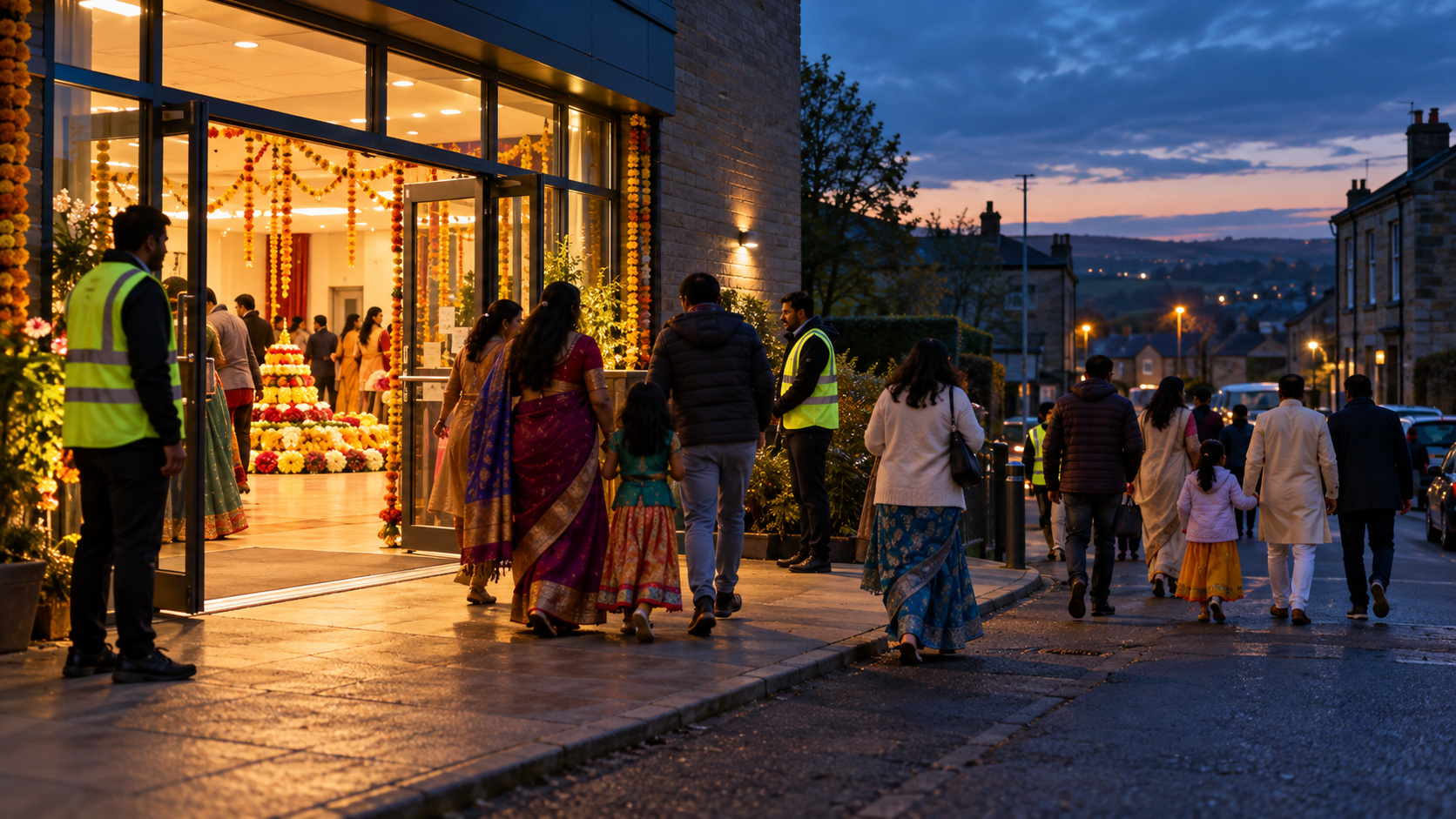 British Indian Hindu families leave a flower-decorated community celebration as volunteer stewards monitor the hall entrance at dusk.