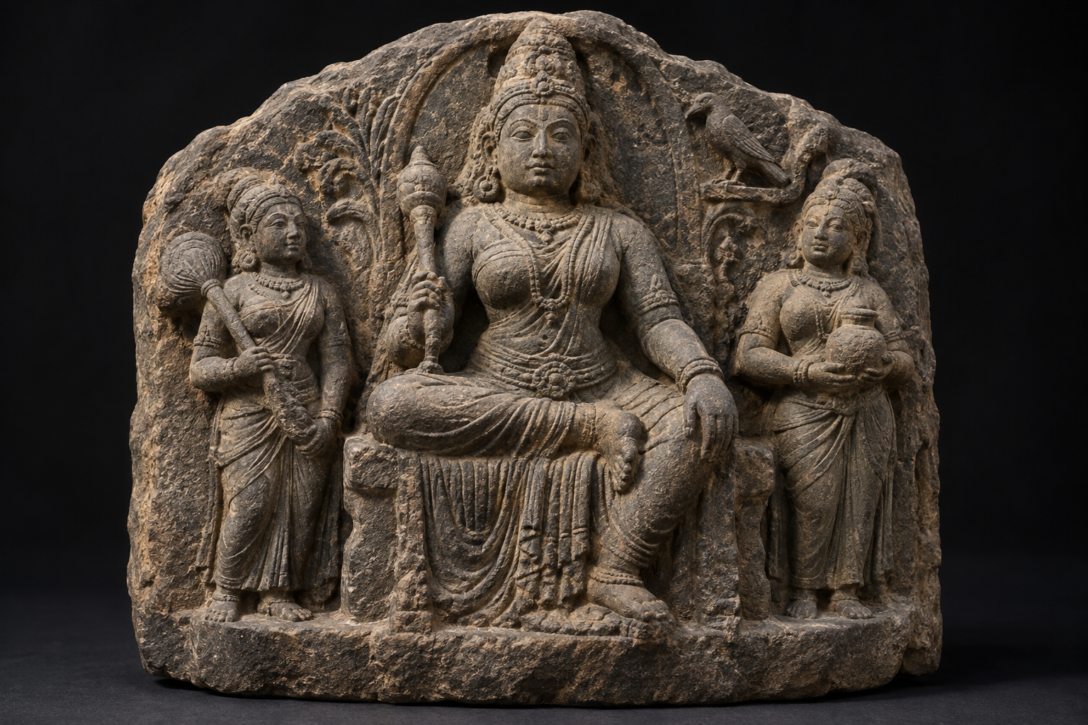 Close view of a weathered Jyeshta triad with a seated central goddess, two flanking figures, and a small carved emblem.