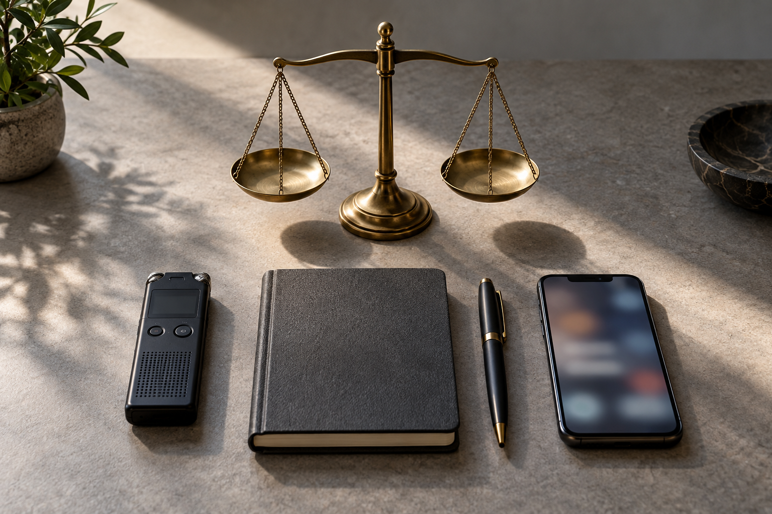 A recorder, closed notebook, smartphone and balanced scales sit on a desk in a beam of daylight.