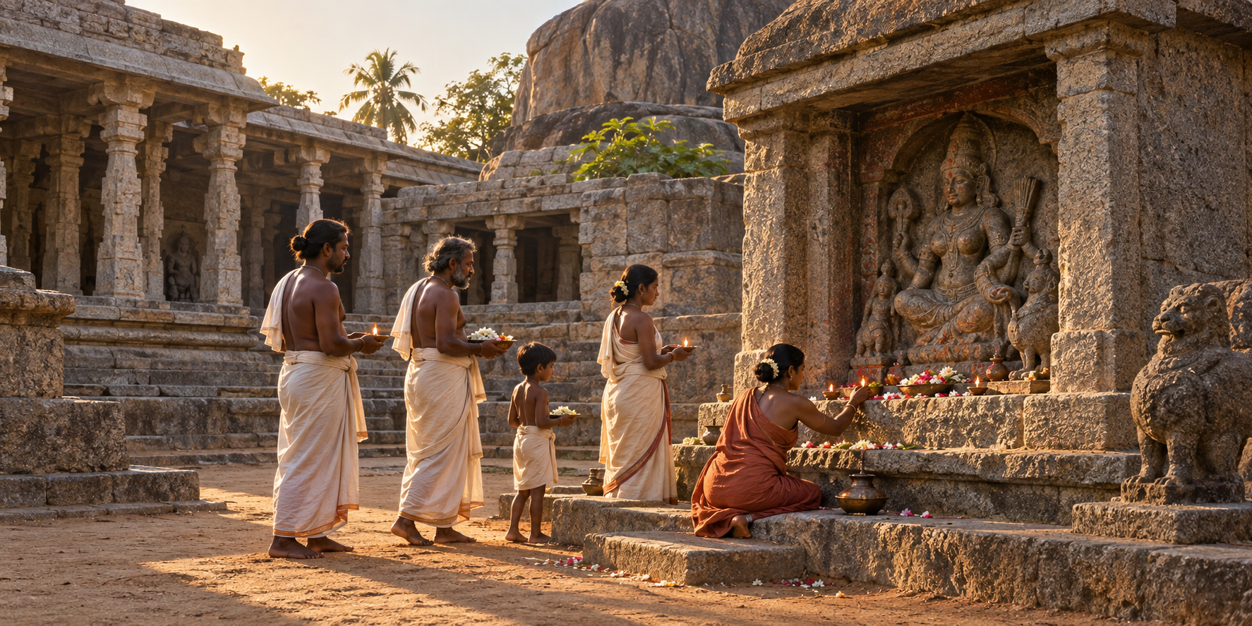 Reconstructed Pallava-period temple courtyard where devotees bring simple offerings to a shrine containing a seated goddess relief.