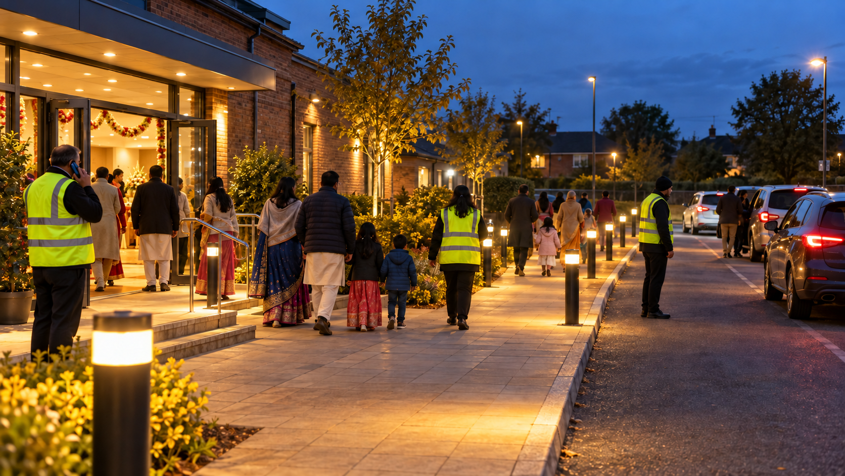 Volunteer stewards guide families from a well-lit community hall toward an evening pickup area.