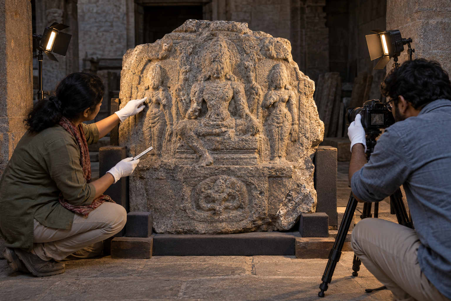 Researchers use lights and a camera to document a weathered goddess relief with a seated central figure and two attendants.