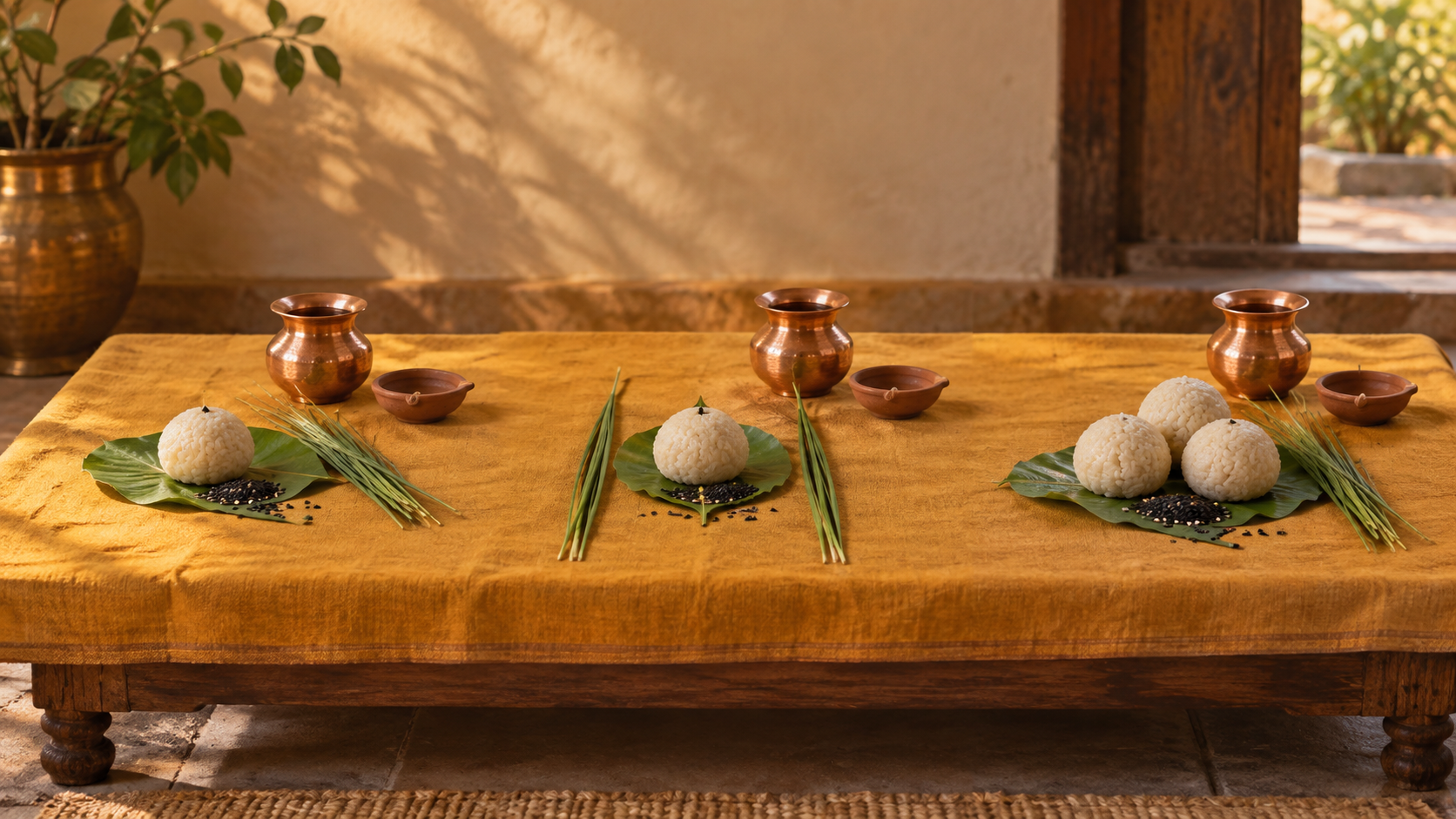Three separate arrangements of rice offerings, sesame, kusa grass, a copper vessel, and a clay lamp on a low ritual platform.