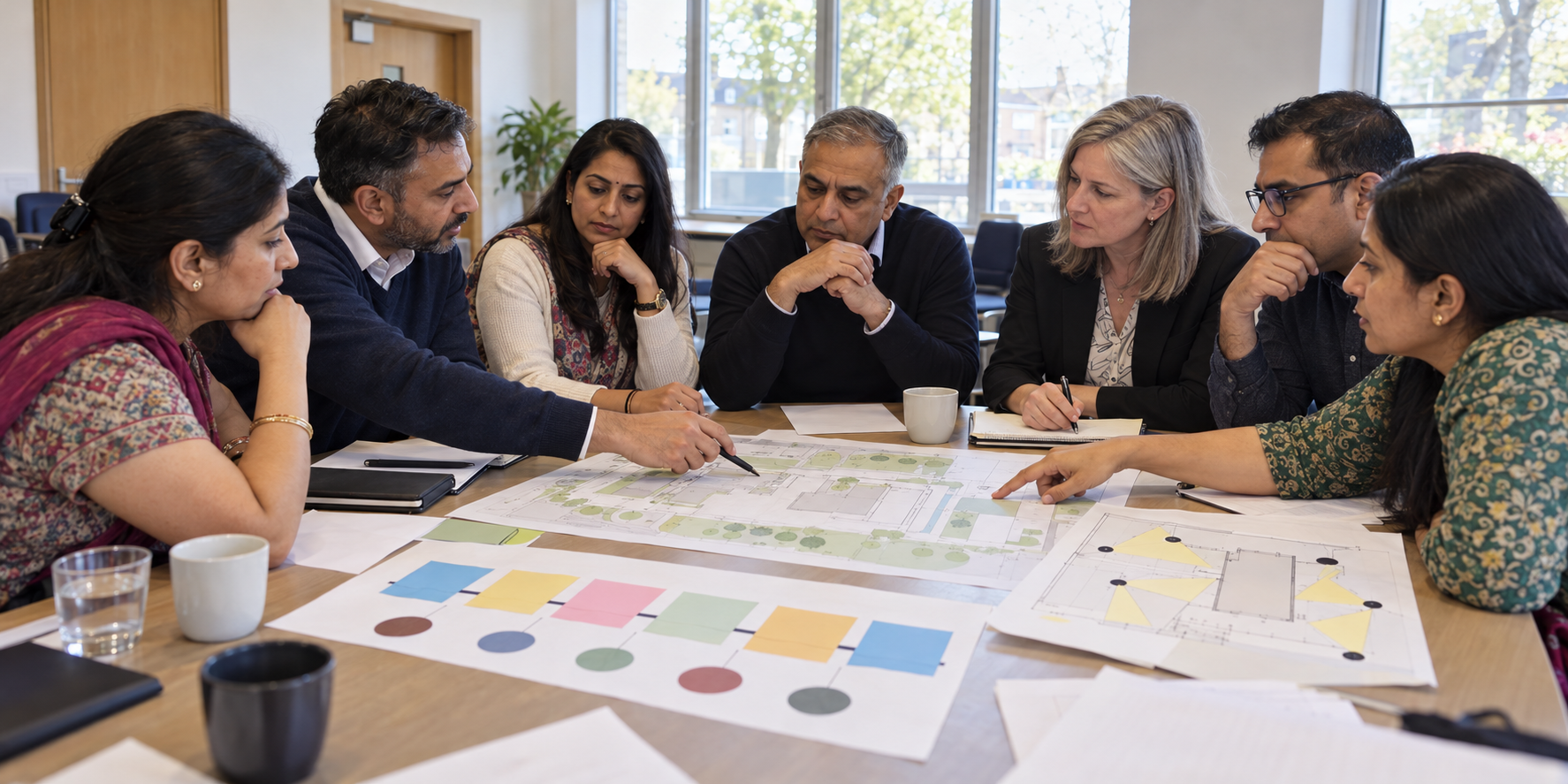 Community organisers and local representatives review an unlabelled venue map and safety materials around a meeting table.