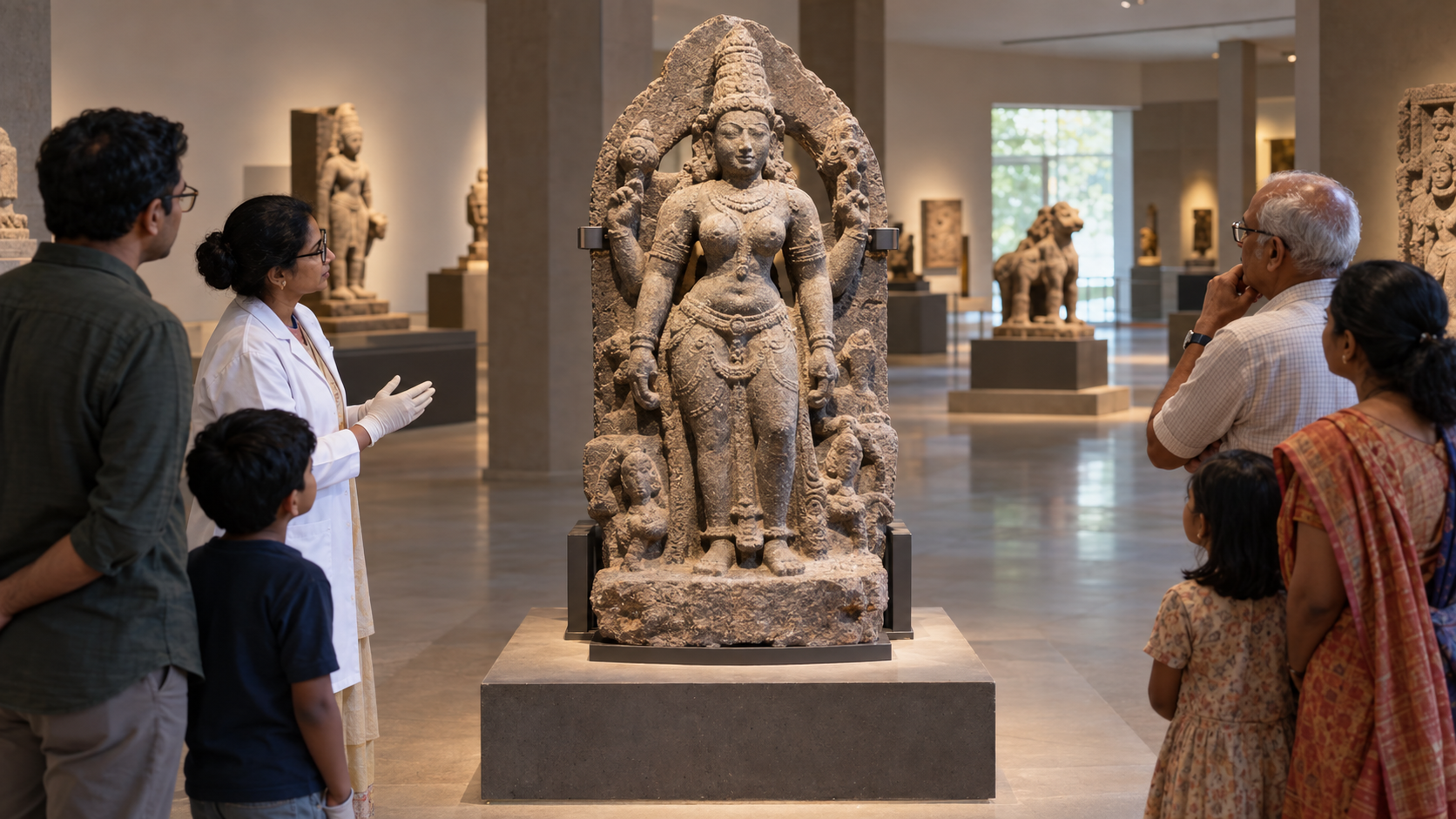 Visitors and a conservator examine a stabilized early South Indian goddess sculpture displayed on a museum mount.
