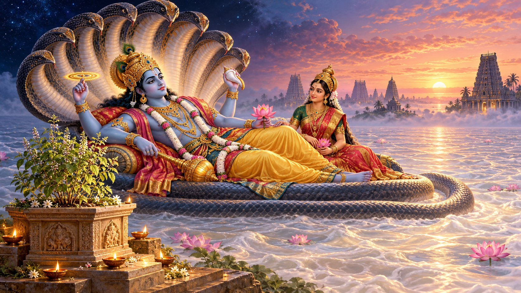 Vishnu awakens on the serpent Ananta above a luminous ocean while oil lamps glow around a Tulasi plant at dawn.