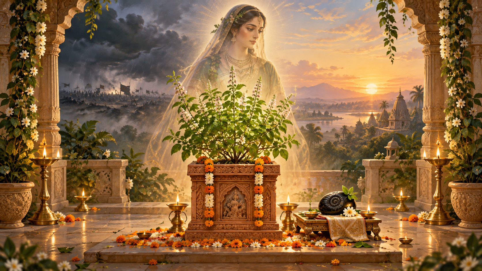 A sacred tulsi plant and black Shaligram stone in a lamp-lit courtyard, with a translucent figure of Vrinda and storm clouds clearing in the distance.