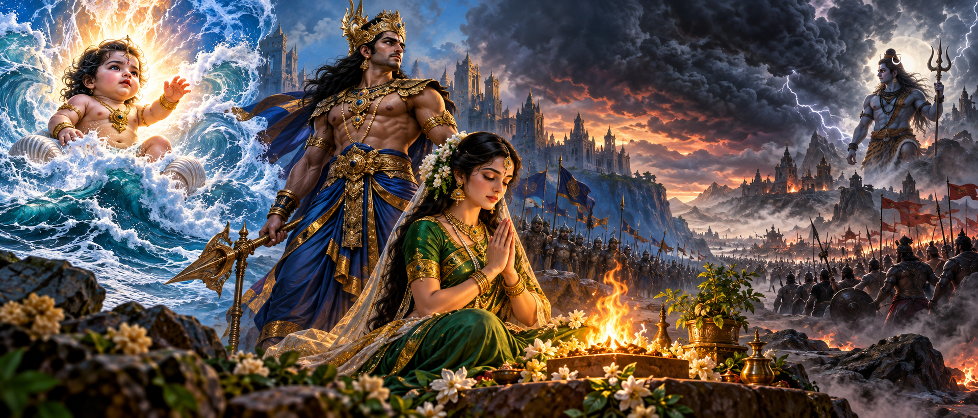 A panoramic mythic scene shows Jalandhara emerging from the ocean, Vrinda praying beside a sacred flame, and Shiva facing a distant battlefield.