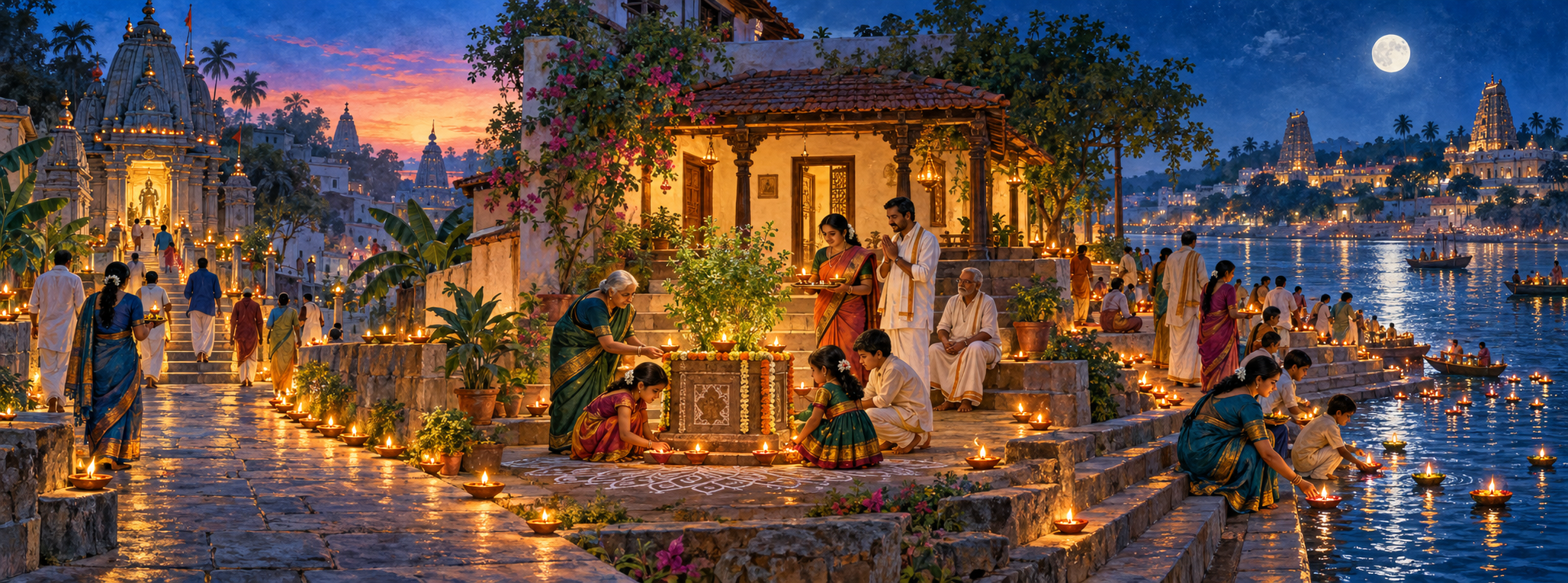 Devotees visit a temple, gather around a Tulasi plant and place oil lamps beside a river during varied Kartika observances.