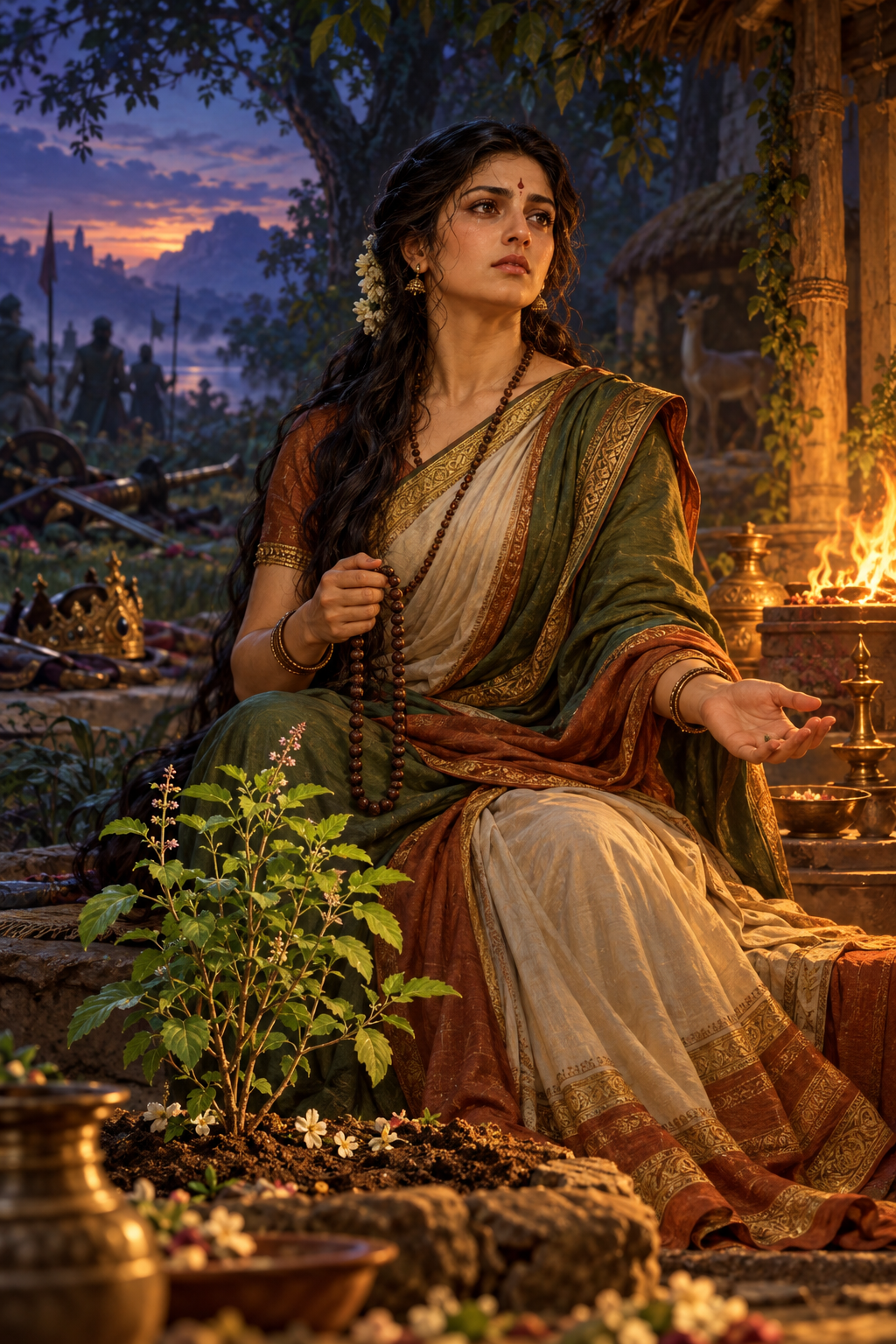 Vrinda sits beside a ritual flame and a young tulsi plant, with prayer beads in her hand and discarded weapons blurred in the background.