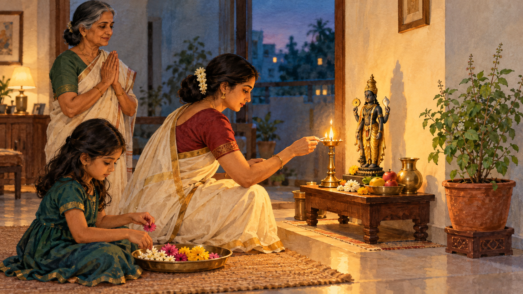 A family performs a simple home observance before a Vishnu shrine with a lamp, flowers, fruit, water and a nearby Tulasi plant.