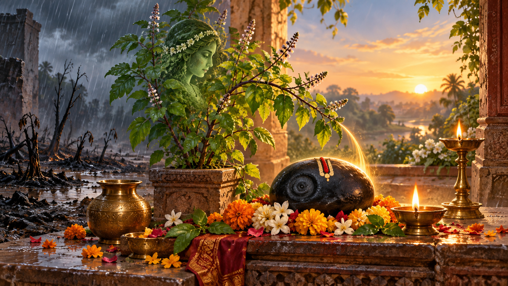 A tulsi plant and black Shaligram stone share a flower-covered altar as a rain-darkened landscape opens into sunrise behind them.