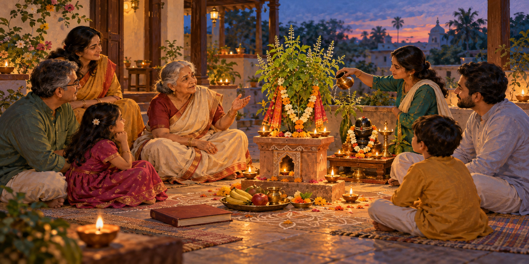 A multigenerational family listens to an elder beside a decorated tulsi plant and Shaligram altar during a quiet evening observance.