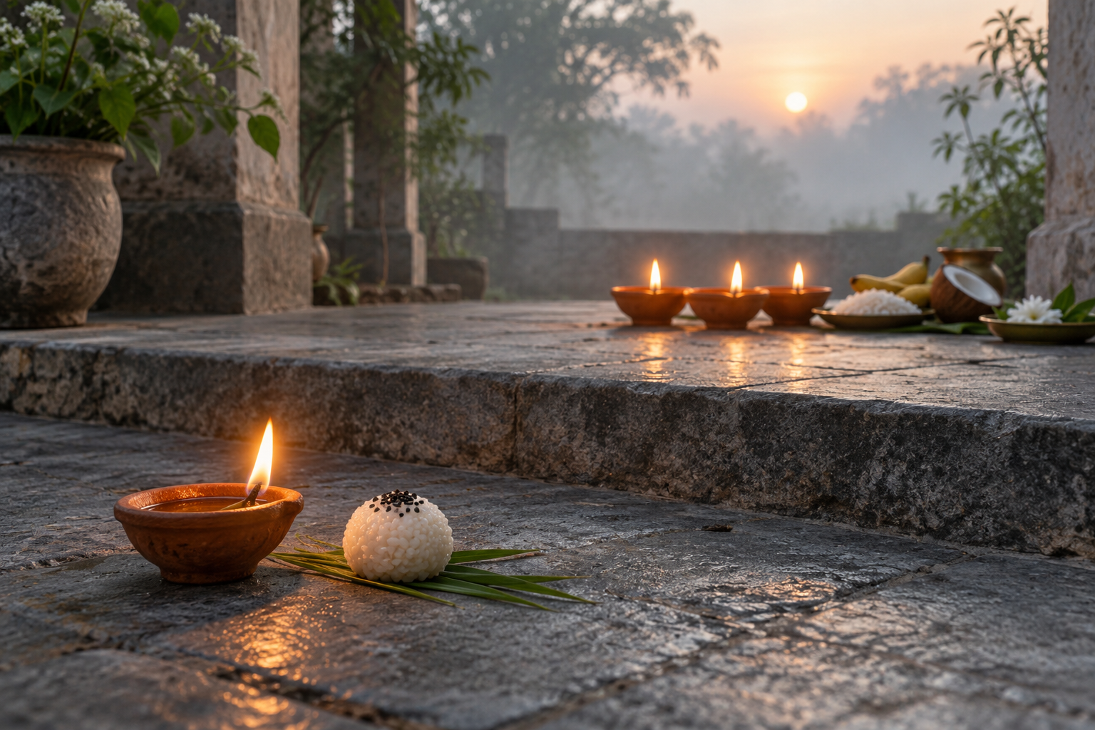 A single lamp and rice offering sit before a low threshold, with a group of lamps and offerings beyond it.