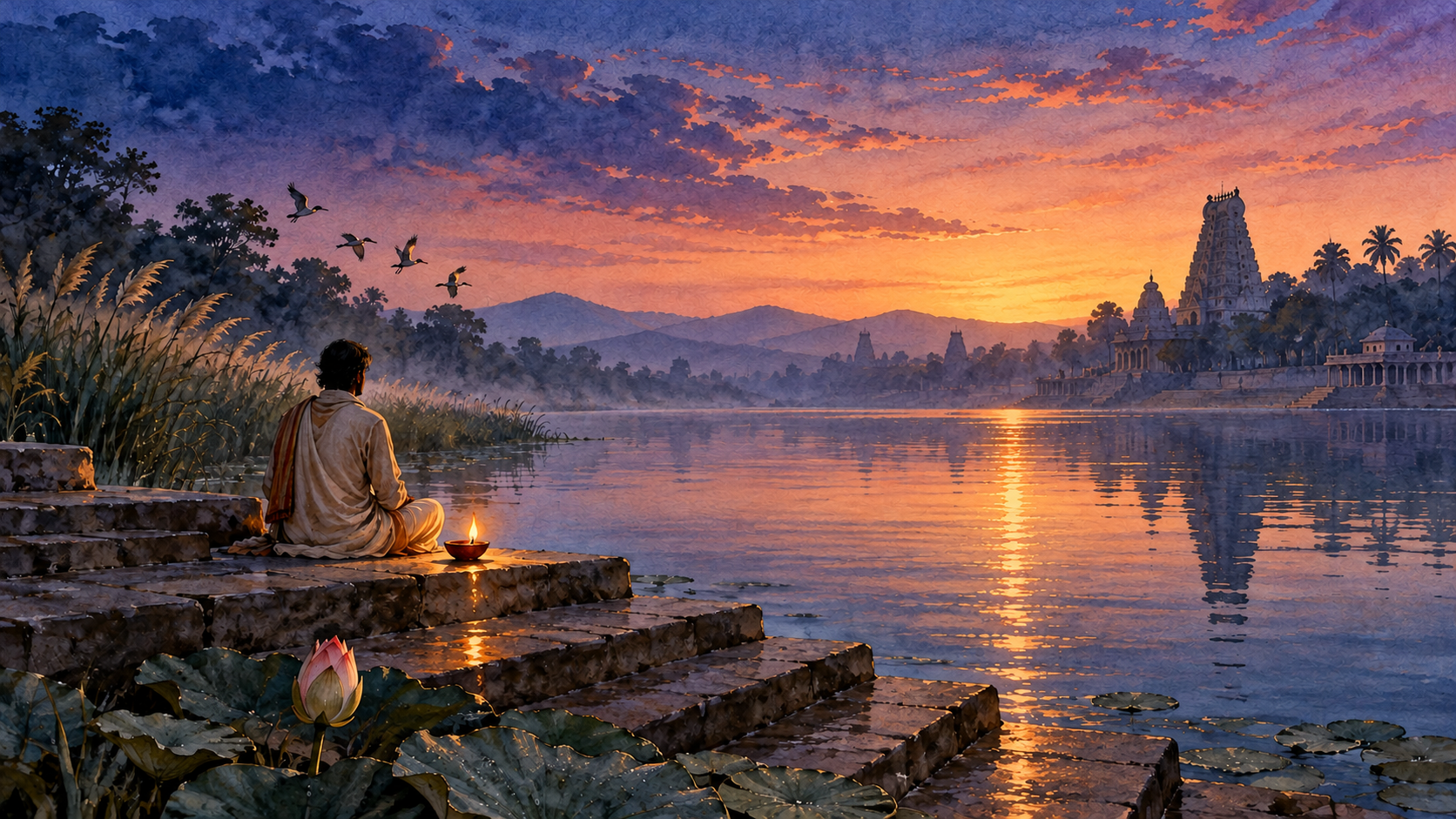 A devotee sits beside a glowing oil lamp at a river as a lotus opens and dawn brightens behind a distant temple.