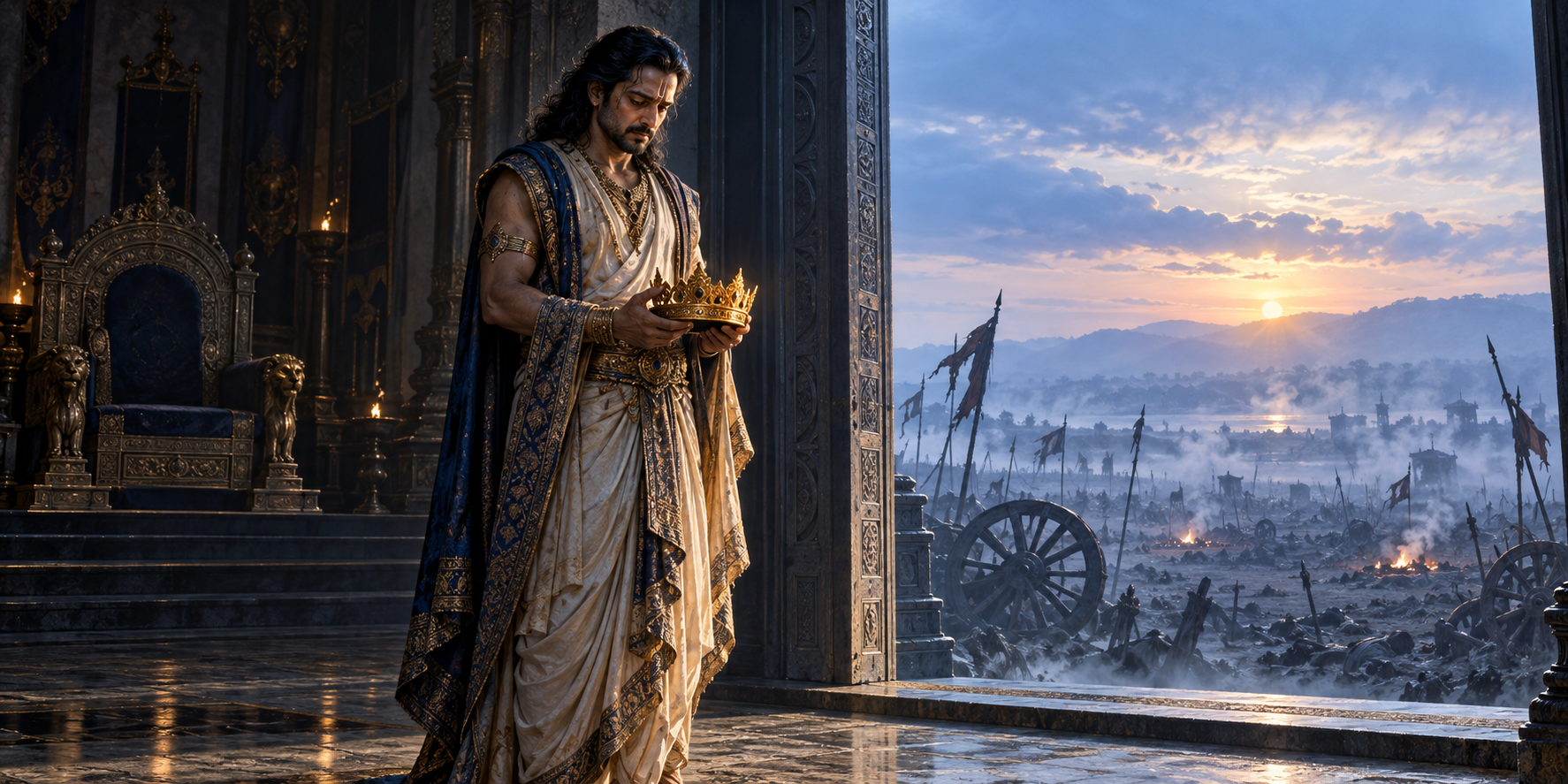 Yudhishthira holds a golden crown at the entrance to an empty royal hall while a misty, war-scarred landscape lies beyond.