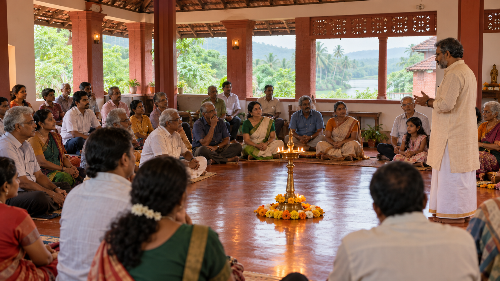 Hindu community members gather around a flower-decorated brass oil lamp in a hall overlooking the green Konkan landscape.