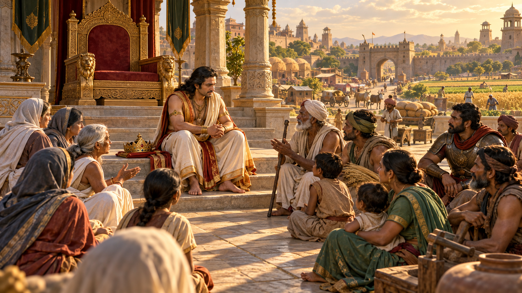 Yudhishthira sits below a throne and listens to citizens gathered in a palace courtyard, with his crown placed beside him.