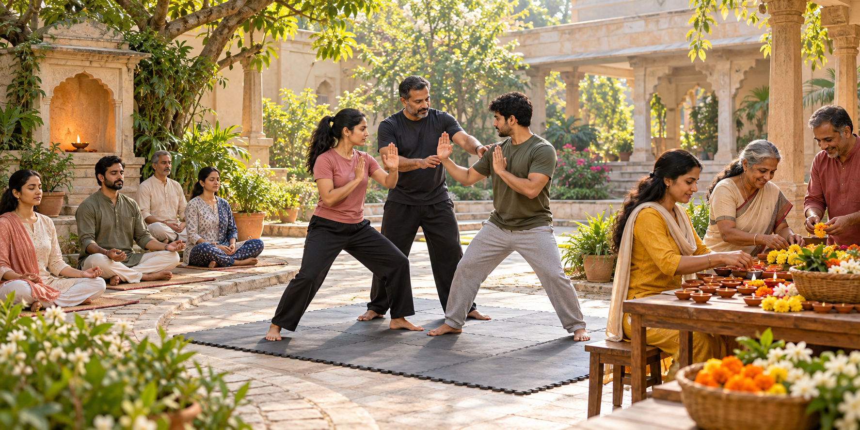 A courtyard scene moves from group meditation to supervised self-defence practice and volunteers preparing lamps and flowers together.