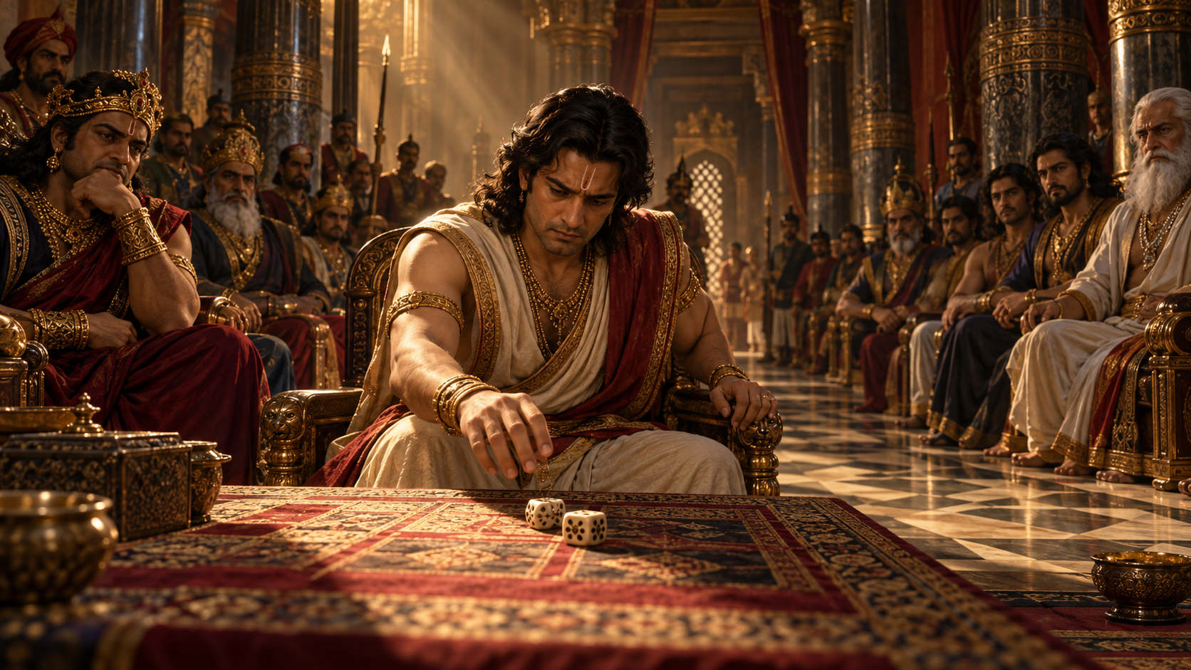 Yudhishthira hesitates over dice in a shadowed royal hall while rows of courtiers watch.