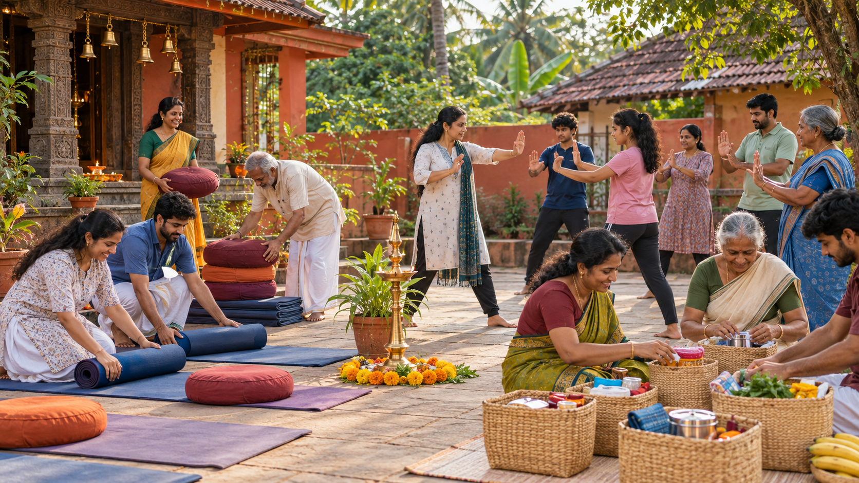 Volunteers in a Konkan courtyard arrange meditation cushions, practise supervised self-defence, and prepare supply baskets for neighbours.