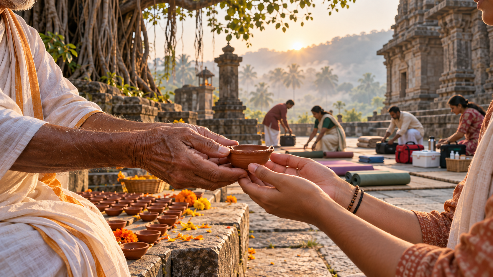 An older volunteer passes a clay lamp to a younger adult as community members prepare mats and supplies in a temple courtyard.