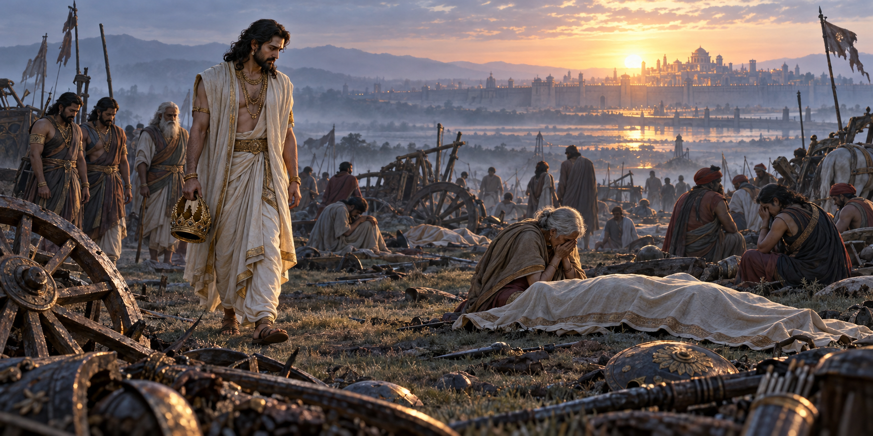 Yudhishthira carries his crown through a quiet battlefield at dawn as survivors mourn beside covered fallen warriors.