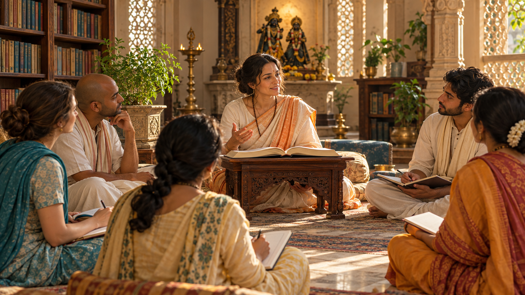 A female devotional teacher leads a small scripture study circle in a sunlit temple library while listeners follow an open volume.