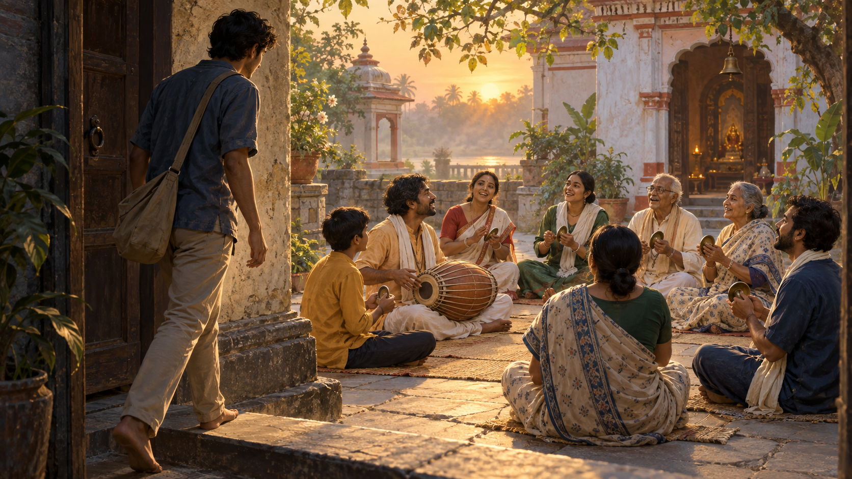 A newcomer steps into a dawn devotional gathering where people chant, play a clay drum, and hold hand cymbals in a temple courtyard.