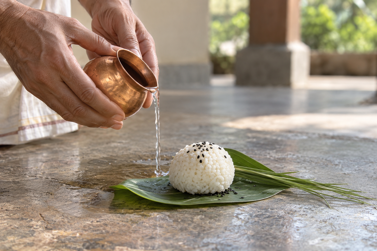 Hands pour water beside a single rice offering with black sesame, kusa grass, and a copper cup.