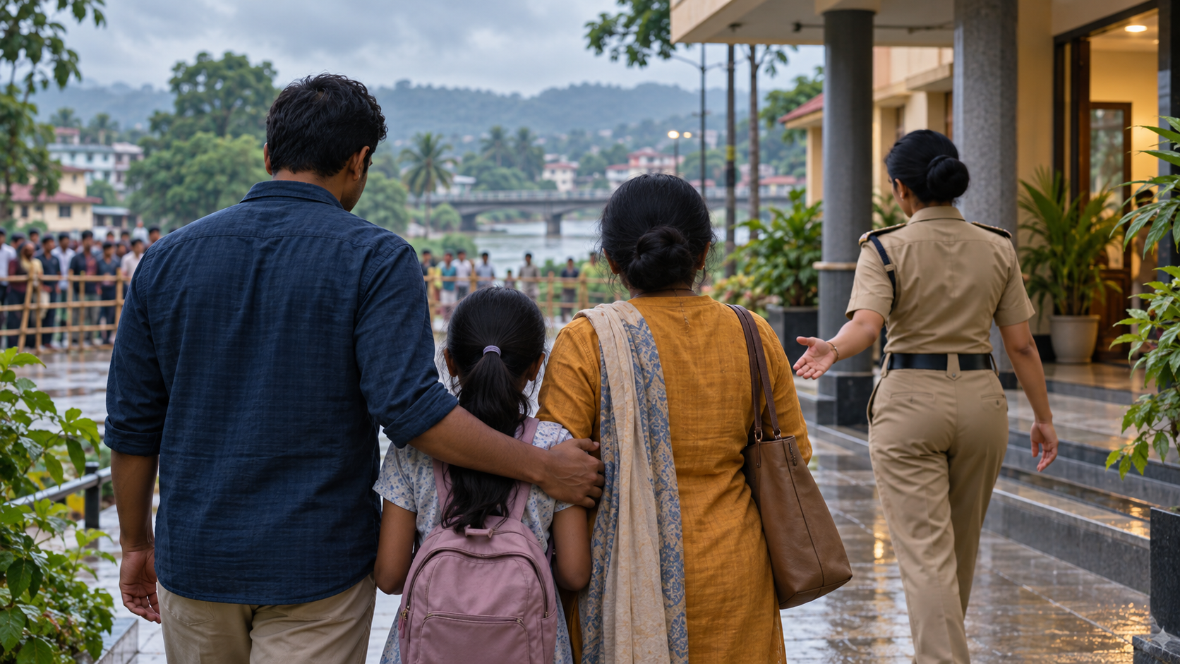 A minor seen from behind stands with two guardians as a woman police officer approaches outside a public-safety office, with a distant crowd kept apart.