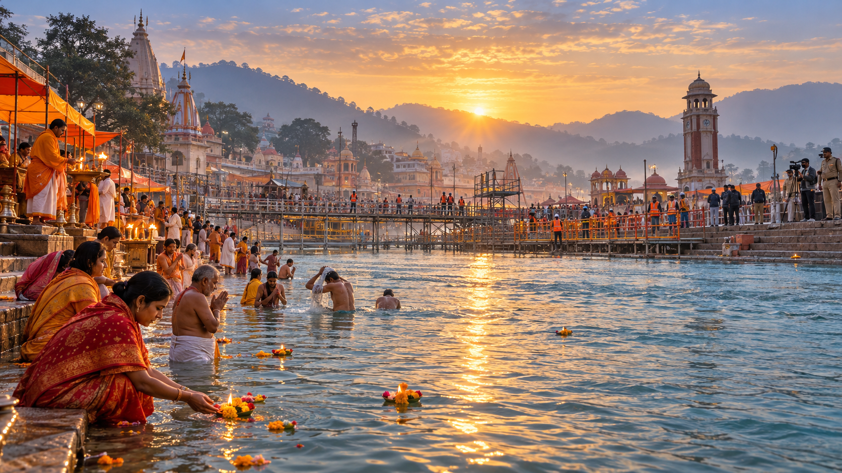 Pilgrims worship beside the Ganges at dawn while workers prepare temporary walkways and crowd-control barriers on the Haridwar ghats.