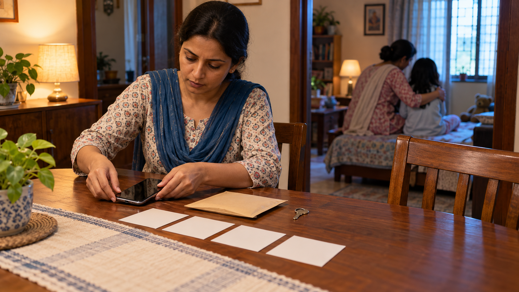 A guardian organizes a phone, blank cards, an evidence envelope and a key while another adult comforts a child in the next room.