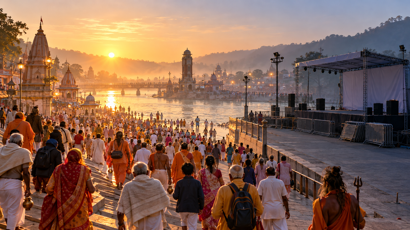 Pilgrims approach the Ganges in morning light while an empty temporary political stage stands in shadow at the edge of the riverfront.