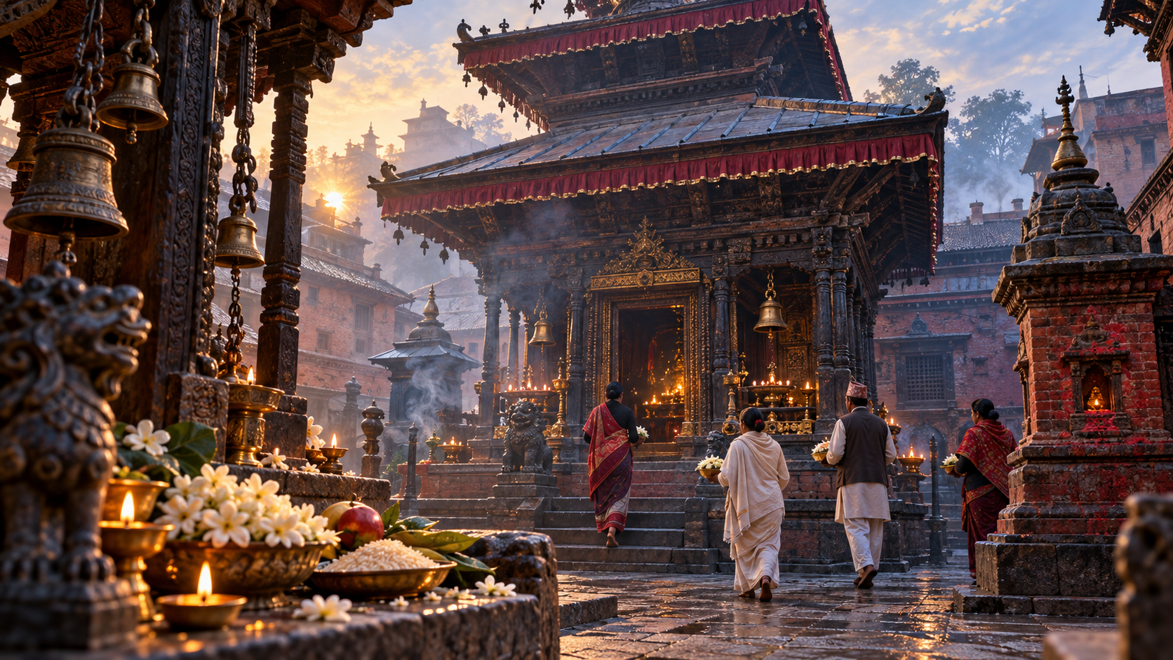 Worshippers carrying offerings enter a small Newar-style temple courtyard of red brick and carved wood, lit by butter lamps and early morning light.