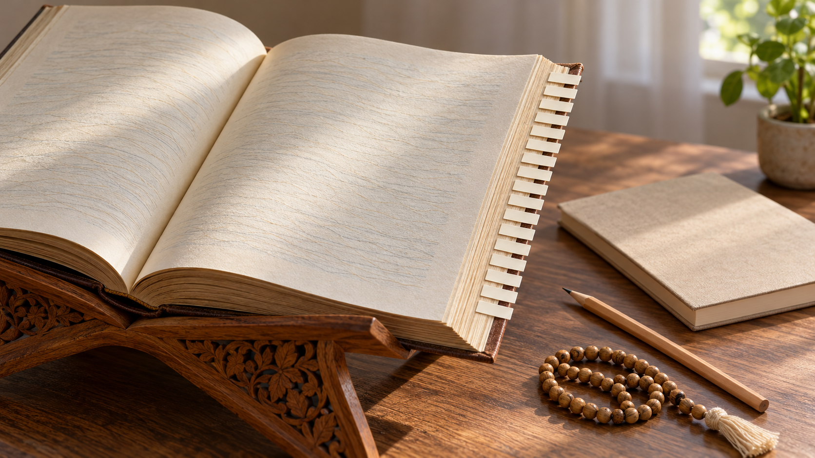 An open scripture rests on a carved stand beside a notebook, pencil, prayer beads, and a row of paper markers.