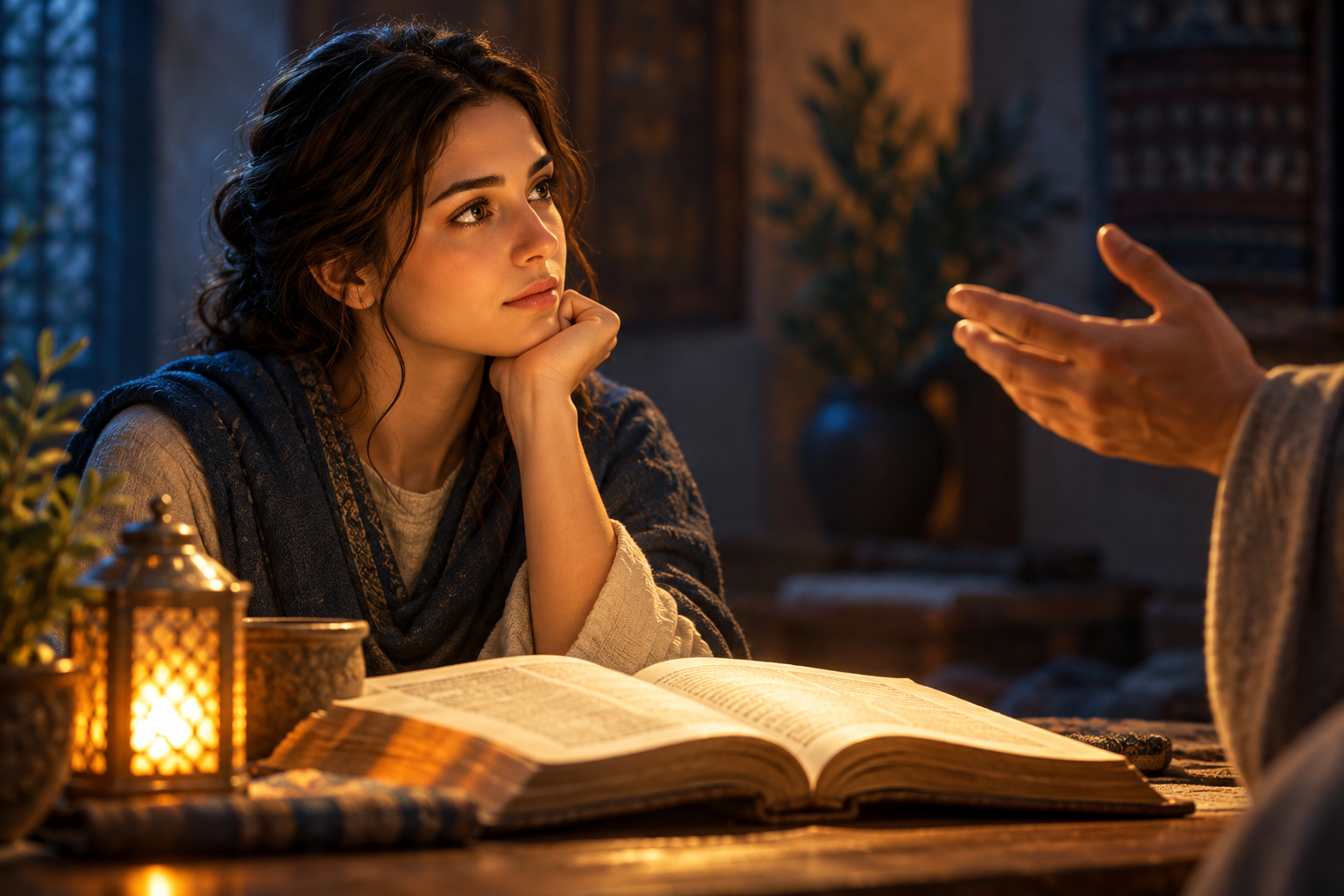 An attentive listener faces an open scripture and a teacher's gesturing hand, with a small lamp reflected in the listener's eyes.