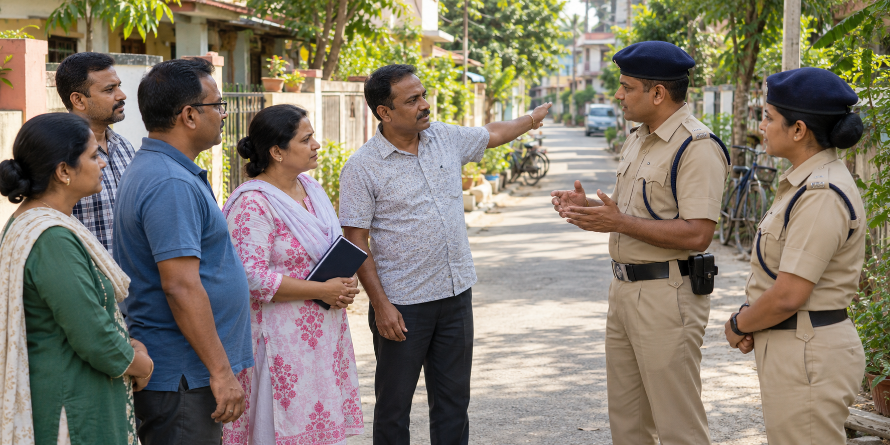 Residents calmly speak with two police officers in a tree-lined Silchar neighborhood during a daylight community-safety discussion.