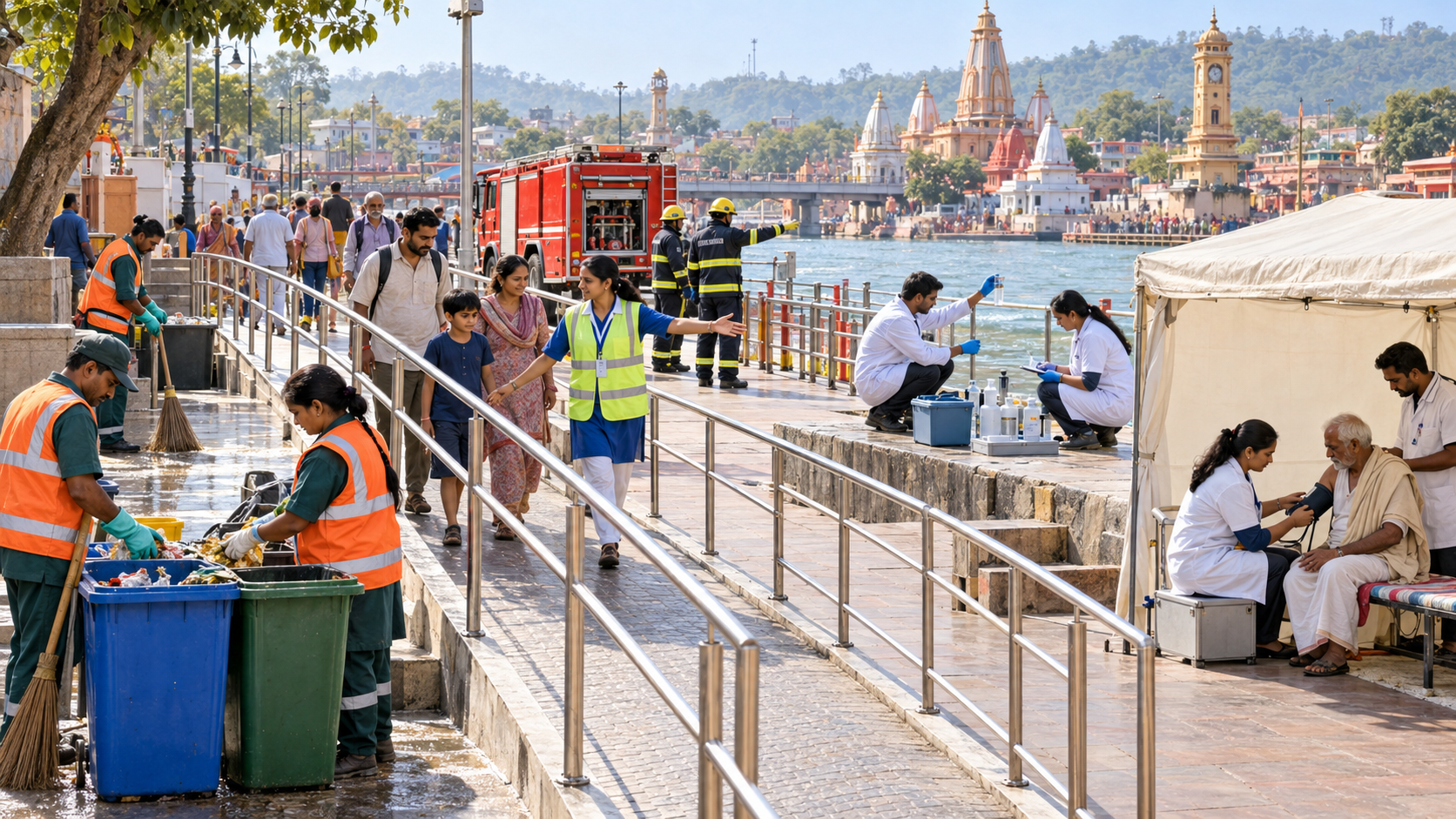 Workers and volunteers inspect sanitation, water quality, medical support, accessible routes and emergency lanes along the Haridwar ghats.