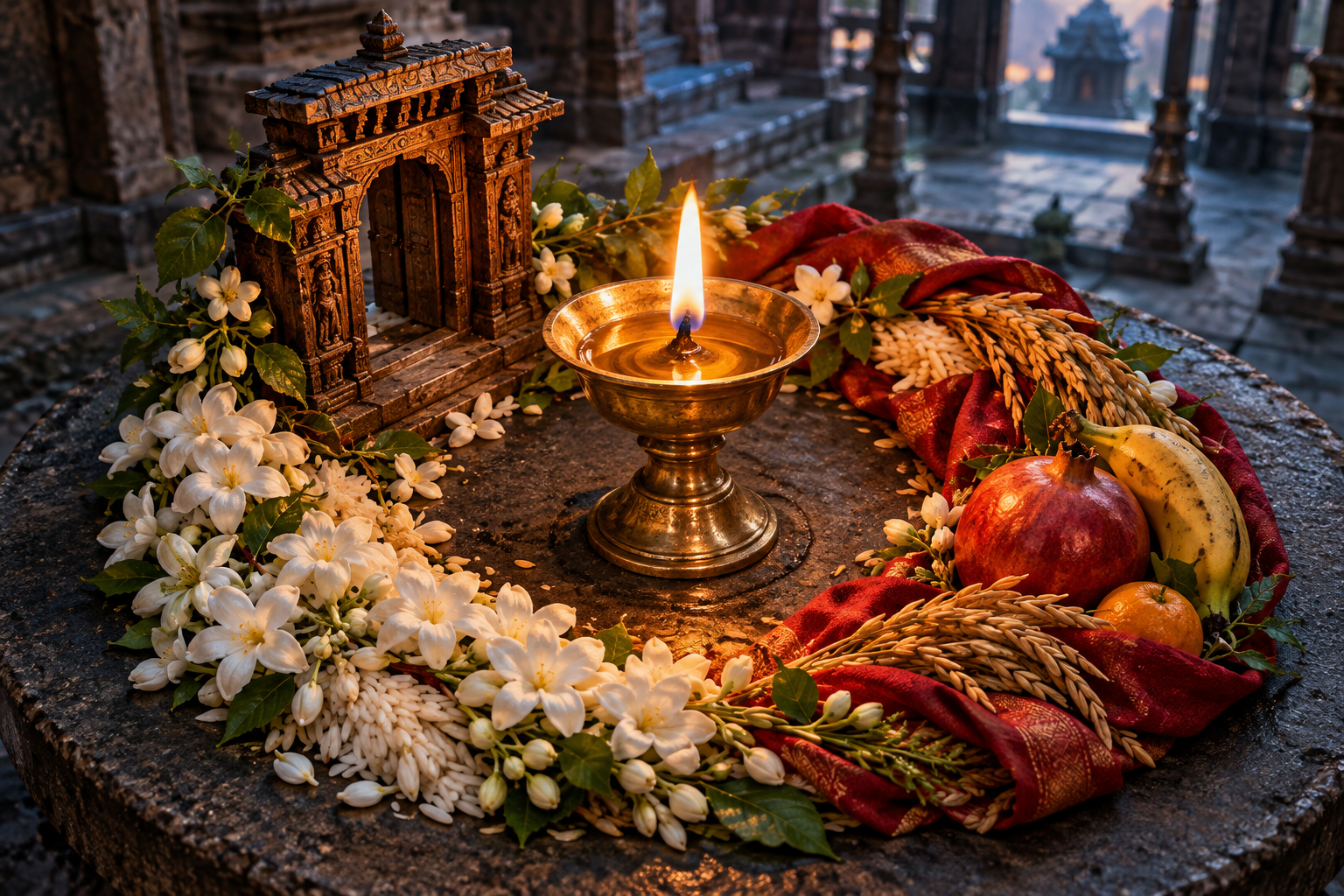 A brass oil lamp is surrounded by a carved temple doorway, white flowers and rice, and a red cloth bundle with grain and fruit in a unified circular arrangement.