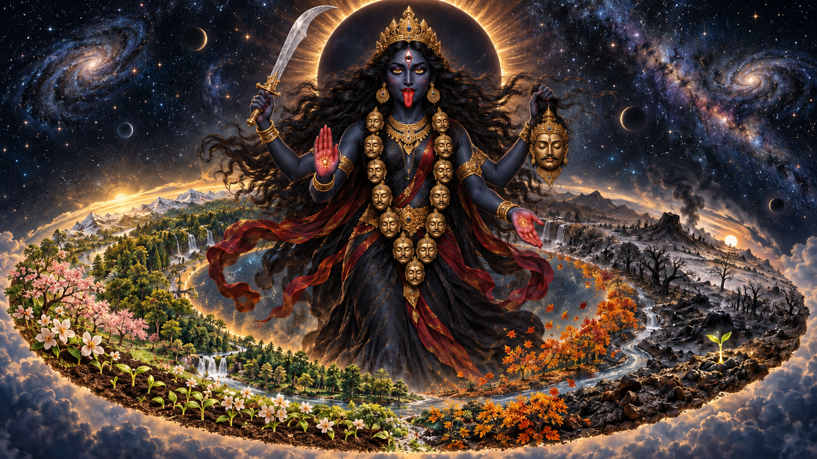 Goddess Kali stands in a star-filled cosmos surrounded by a circular landscape progressing from new growth through decay and renewal.