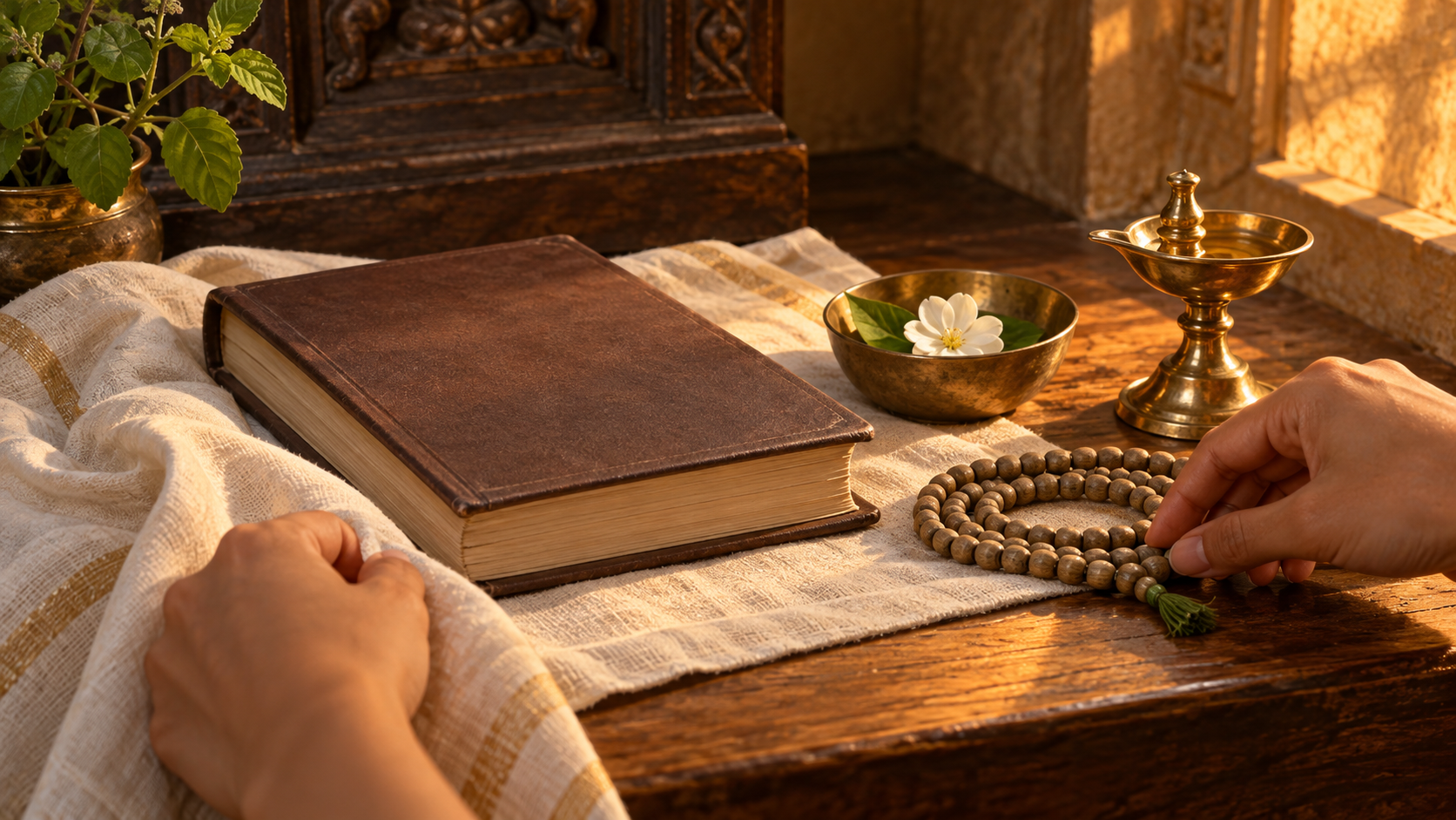 Hands arrange prayer beads, a brass lamp, a flower, and a closed scripture in a quiet temple alcove.