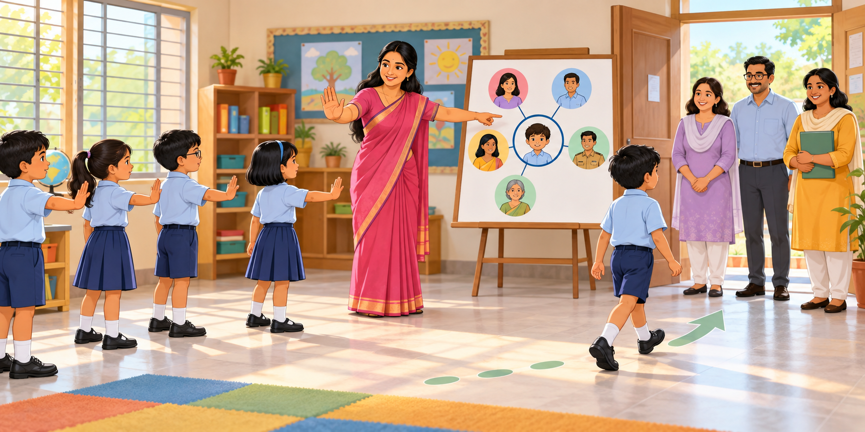 A teacher shows primary-school children a firm stop gesture and how to move toward a trusted adult in a bright classroom.