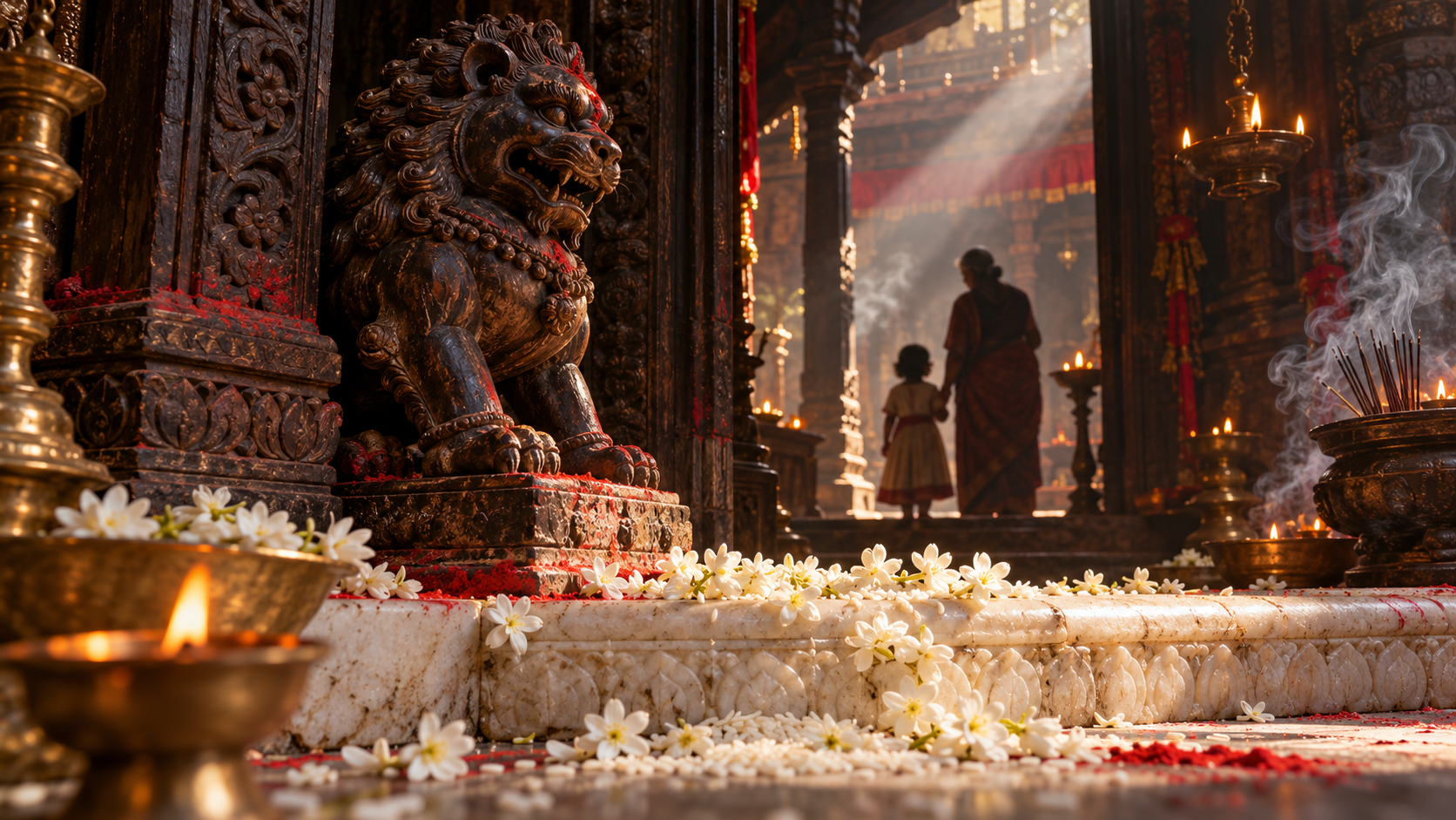 White flower petals and rice lie at a lamp-lit shrine threshold beneath a carved lion, with an older woman and child silhouetted safely in the background.