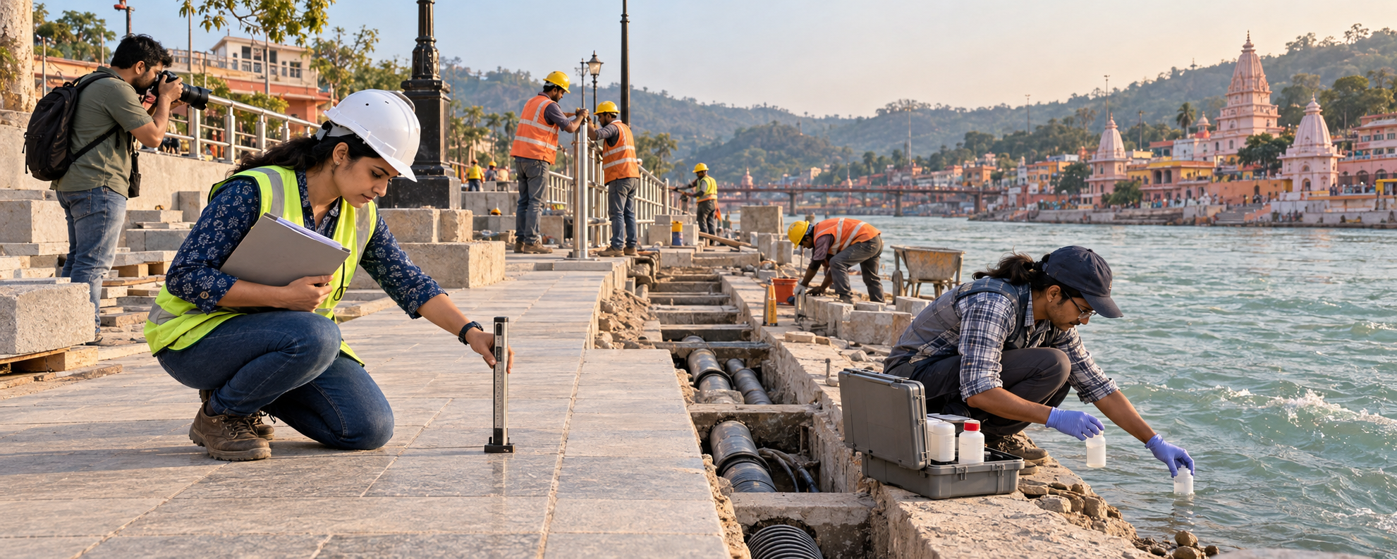 An engineer, water technician and journalist inspect walkway, drainage and river conditions at a Haridwar pilgrimage preparation site.