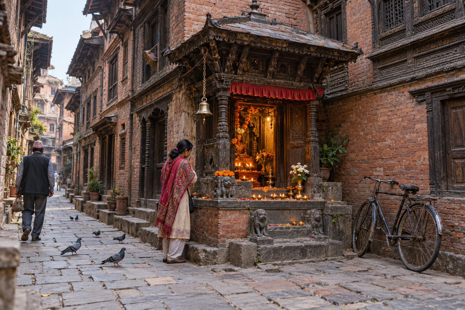 A visitor pauses at a modest lamp-lit temple entrance tucked between taller red-brick houses on a narrow Kathmandu lane.