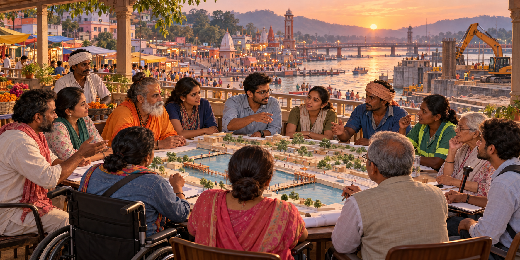 Residents, workers, priests, vendors, pilgrims and civic planners discuss an unlabeled model of Haridwar pilgrimage routes beside the ghats.