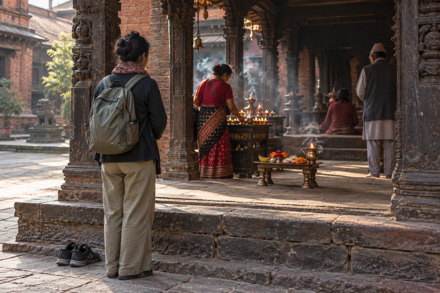 A visitor waits at a temple threshold with shoes removed while a local devotee places flowers, fruit, rice, and a lamp on a brass offering plate.